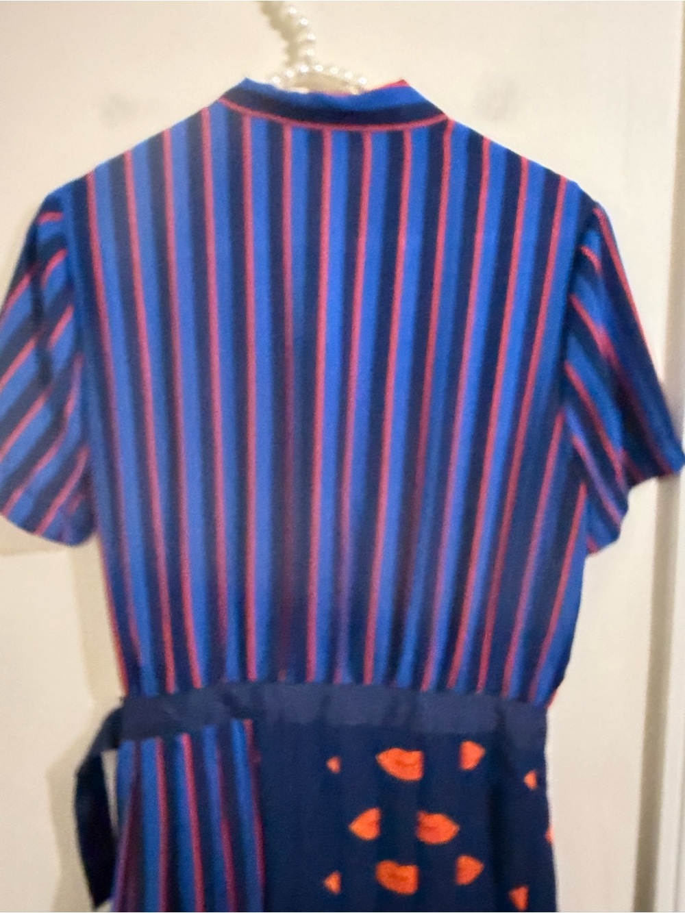 New York & Company Navy and Orange Striped & Pleated Midi Dress - Picture 11 of 15